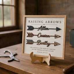 Personalized Raising Arrows Sign With Kids Name, Custom Christian Dad Arrow Plaque, Regilious Family Name Sign, Psalm 127 Scripture Wall Art - thumbnail 2