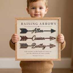 Personalized Raising Arrows Sign With Kids Name, Custom Christian Dad Arrow Plaque, Regilious Family Name Sign, Psalm 127 Scripture Wall Art - thumbnail 1