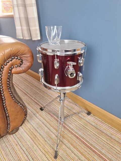 Drum Coffee Table, Burgundy, Red 29cm Wide, Coffee, Side, Real Tom Tom, Man Cave, Steam Punk - image 1