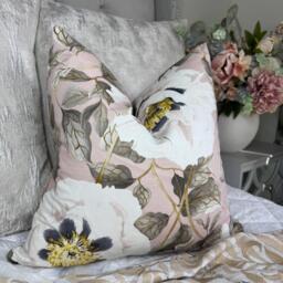 Sanderson Floral Cushion Cover - Pale Pink Cotton Blend, White Flowers & Beige Leaves, Double-Sided, Elegant Countryside Style - thumbnail 1