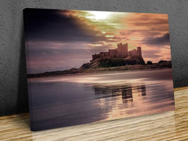 Bamburgh Castle , Northumberland, English Coasline , Sunset , Wall Hangings, Mounted Canvas Ready To Hang - image 1