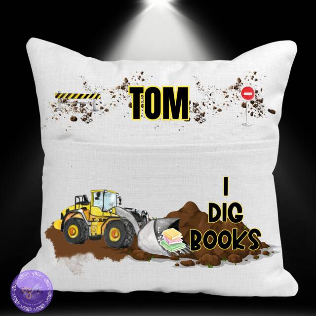 Personalised Digger Truck Pocket Reading Book Cushion, I Dig Books Cushion Gifts, Construction Tractor Bedroom Decor, Unique Cushion Gift - image 1