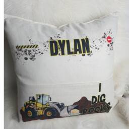 Personalised Digger Truck Pocket Reading Book Cushion, I Dig Books Cushion Gifts, Construction Tractor Bedroom Decor, Unique Cushion Gift - thumbnail 3