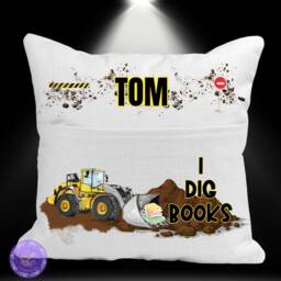 Personalised Digger Truck Pocket Reading Book Cushion, I Dig Books Cushion Gifts, Construction Tractor Bedroom Decor, Unique Cushion Gift - thumbnail 1