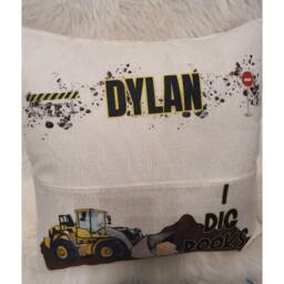 Personalised Digger Truck Pocket Reading Book Cushion, I Dig Books Cushion Gifts, Construction Tractor Bedroom Decor, Unique Cushion Gift - thumbnail 4