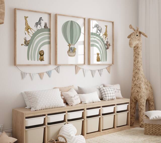 Safari Animal Nursery Prints Sage Green Rainbow Decor, Set Of 3 - image 1