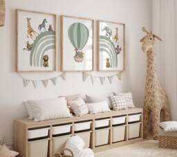 Safari Animal Nursery Prints Sage Green Rainbow Decor, Set Of 3 - thumbnail 1