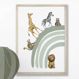 Safari Animal Nursery Prints Sage Green Rainbow Decor, Set Of 3 - thumbnail 3
