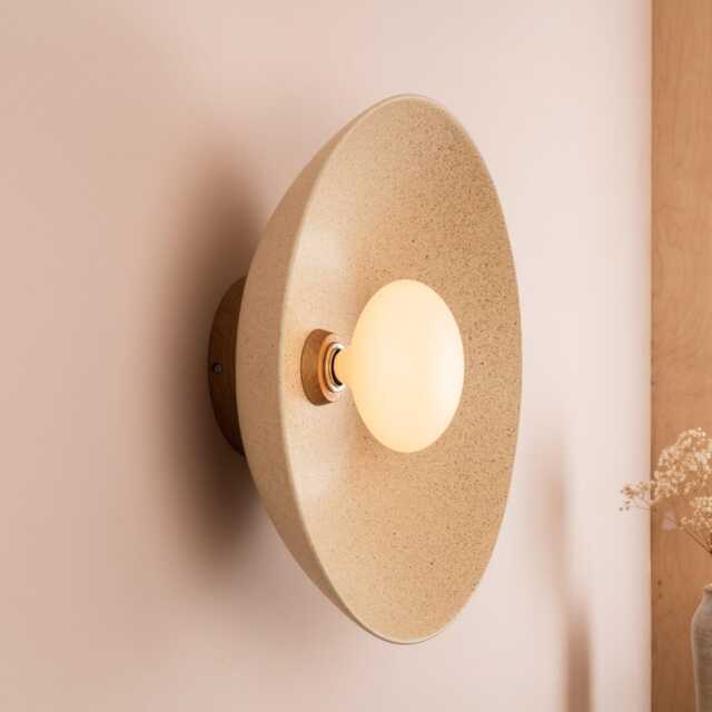 Speckled Cream Matt Xl Dawn Wall Light Sconce in Ceramic & Oak - image 1