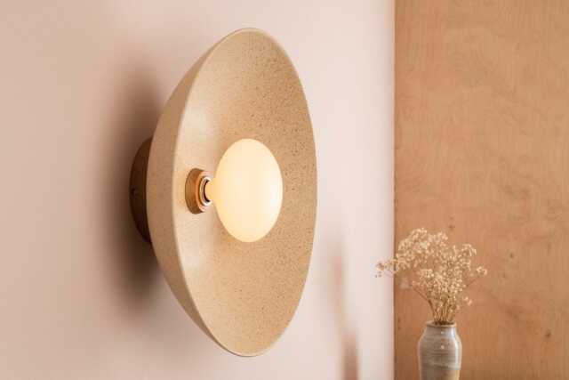 Speckled Cream Matt Xl Dawn Wall Light Sconce in Ceramic & Oak - image 1