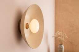 Speckled Cream Matt Xl Dawn Wall Light Sconce in Ceramic & Oak - thumbnail 1