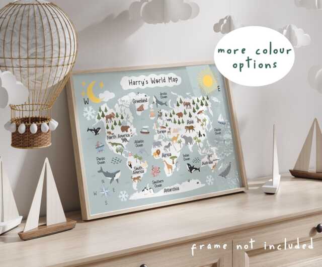 Personalised World Map Print Unframed, Animal Map, Children's Bedroom, Kids Poster, Educational Playroom Prints, Wall Art - image 1