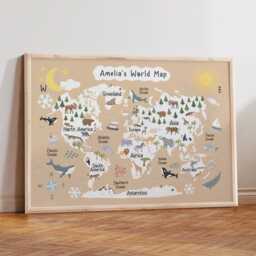 Personalised World Map Print Unframed, Animal Map, Children's Bedroom, Kids Poster, Educational Playroom Prints, Wall Art - thumbnail 2