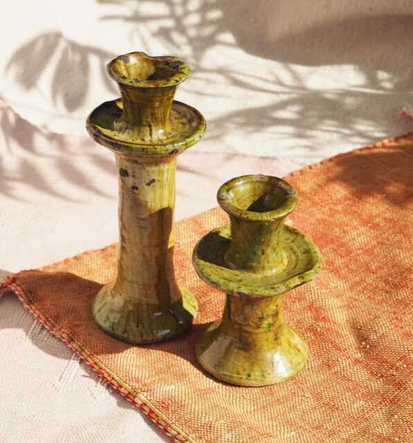 Summer Sale Moroccan Vintage Tamegroute Ochre Candlestick Holders, Handmade Ceramic Glazed Pottery, Birthday Gift - image 1