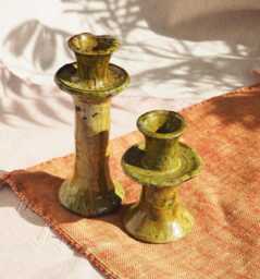 Summer Sale Moroccan Vintage Tamegroute Ochre Candlestick Holders, Handmade Ceramic Glazed Pottery, Birthday Gift - thumbnail 1