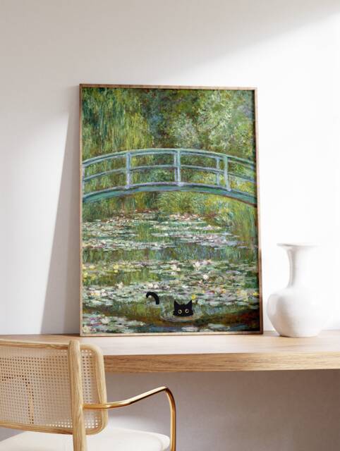 Monet Waterlily Cat Print, Claude Poster, Art, Gift, Animal Floral Wall Art Decor, A1/A2/A3/A4 - image 1