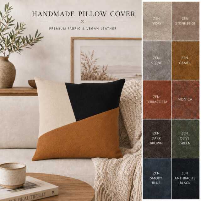 Zen Camel-Black-Beige Color Diagonal Design Distressed Leather Look Fabric Pillow Cover/Housewarming Gift-1Pcs - image 1
