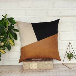 Zen Camel-Black-Beige Color Diagonal Design Distressed Leather Look Fabric Pillow Cover/Housewarming Gift-1Pcs - thumbnail 3