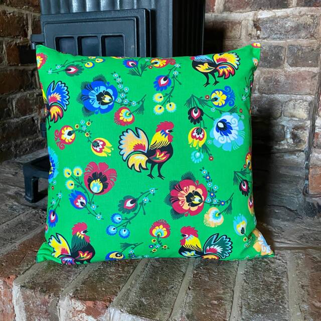 580. Handmade Folk Cockerel On Green 100% Cotton Cushion Cover. Various Sizes