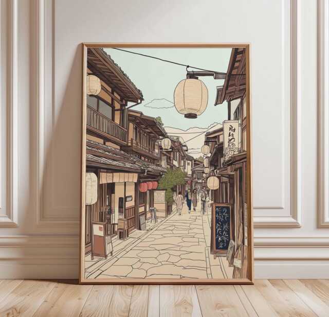 Japanese Street Poster, Tokyo City Art Print, Traditional Style, Lanterns Art, Village Urban Japan Poster - image 1
