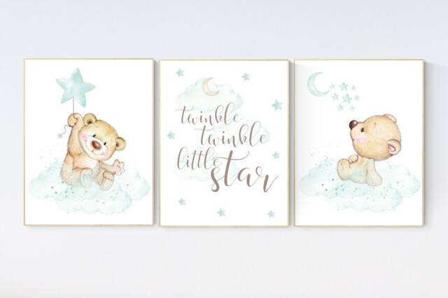 Teddy Bear Nursery Decor Mint Moon & Stars Art Print - image 1