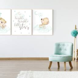 Teddy Bear Nursery Decor Mint Moon & Stars Art Print - thumbnail 2