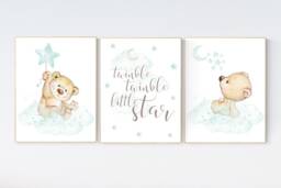 Teddy Bear Nursery Decor Mint Moon & Stars Art Print - thumbnail 1