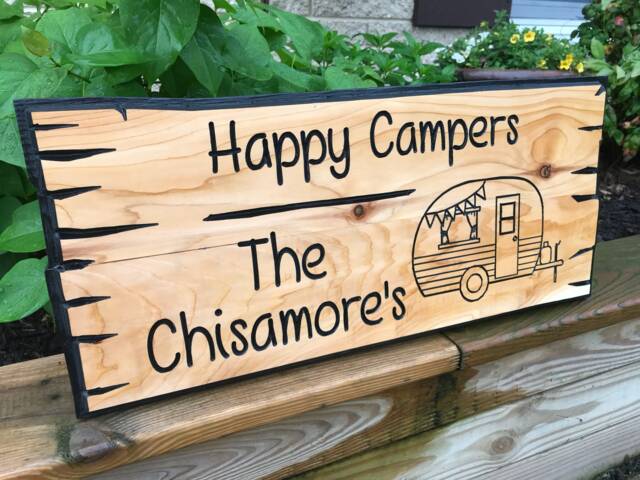 Personalized Carved Cedar Wood Camping Sign Family Rv Decor - image 1
