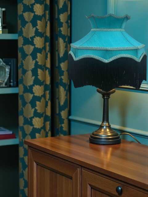 Handmade Downton Abbey Teal Blue Fabric Lampshade Black Fringe, Bespoke British Made - image 1