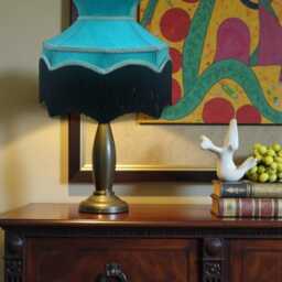 Handmade Downton Abbey Teal Blue Fabric Lampshade Black Fringe, Bespoke British Made - thumbnail 3