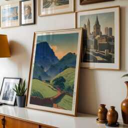 Japanese Mountain Landscape Wall Art Print Ukiyo-E Style - Traveler & Sunset Poster - thumbnail 3