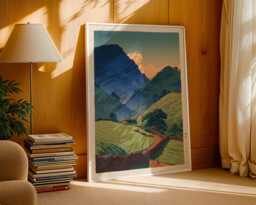 Japanese Mountain Landscape Wall Art Print Ukiyo-E Style - Traveler & Sunset Poster - thumbnail 1