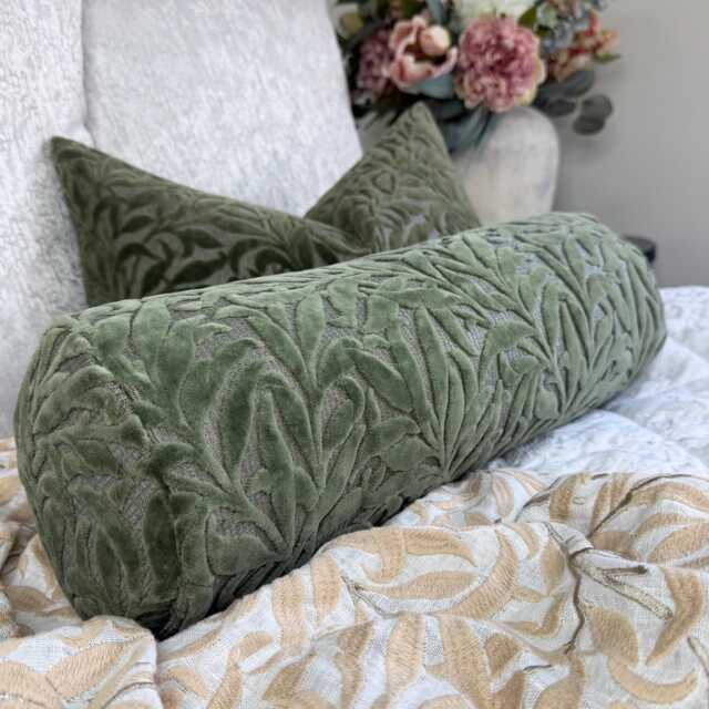 "Green Velvet Leaf Bolster Cushion, 16"" X 6" - image 1