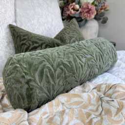 "Green Velvet Leaf Bolster Cushion, 16"" X 6"