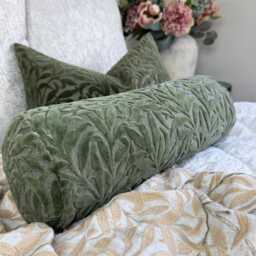 "Green Velvet Leaf Bolster Cushion, 16"" X 6" - thumbnail 4