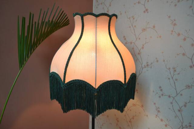 Hand-stitched Silk Lampshade Victorian Oyster Dome With Rayon Fringe - image 1