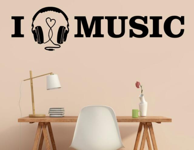 I Heart Music - Love Music Headphones With Shaped Cord- Quote Removable Vinyl Wall Decal Sticker Art Letters Designs - image 1