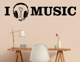 I Heart Music - Love Music Headphones With Shaped Cord- Quote Removable Vinyl Wall Decal Sticker Art Letters Designs - thumbnail 1