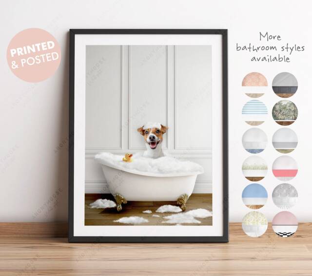 Jack Russell Terrier Dog in A Bath Print, Bathing, Funny Bathroom Animal Bathtub, Tub Whimsy - image 1