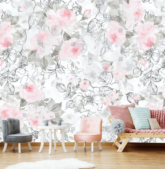 Extra Large Beautiful Gray Pink Pastel Cute Flowers Roses Peonies Wallpaper Wall Decor Vinyl Mural Exclusive Design 3D - image 1