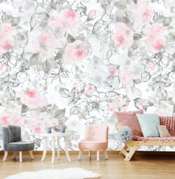Extra Large Beautiful Gray Pink Pastel Cute Flowers Roses Peonies Wallpaper Wall Decor Vinyl Mural Exclusive Design 3D - thumbnail 1