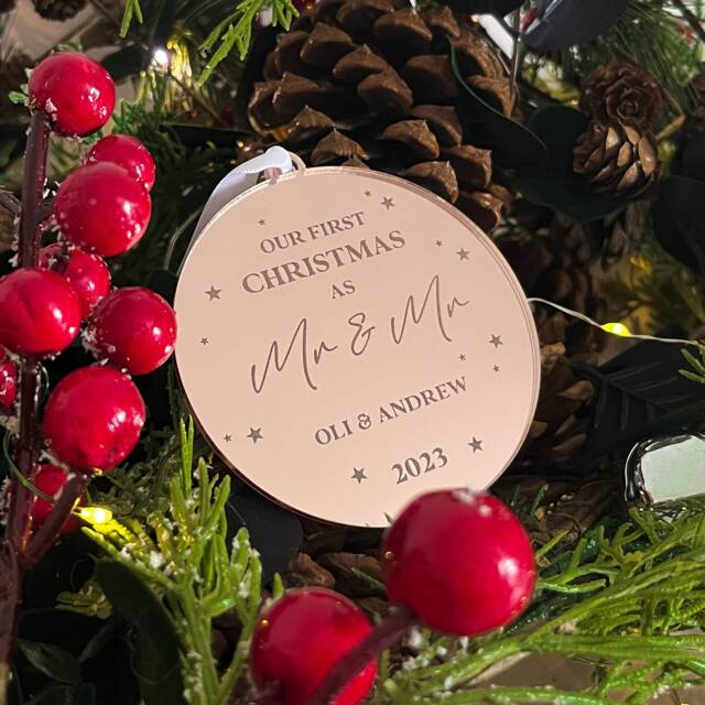First Christmas As Mr & Bauble - Personalised Xmas Tree Decoration Couple Keepsake Married - image 1