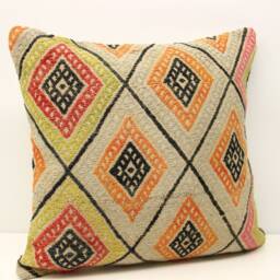 Kilim Pillow Cover 20x20, Handmade Turkish Wool Cushion - thumbnail 2