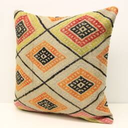 Kilim Pillow Cover 20x20, Handmade Turkish Wool Cushion - thumbnail 3