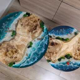 Ocean Resin Wood Side Table Round Epoxy Coffee Table With Moss Art - thumbnail 3