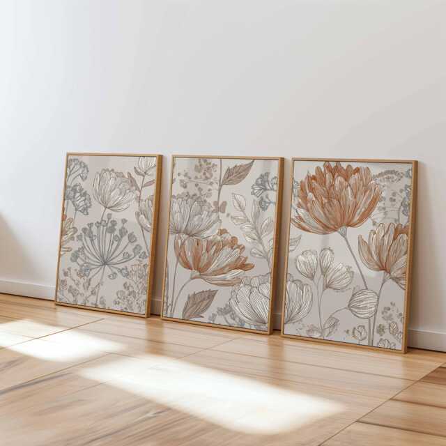 Botanical Line Art Print Set, Beige & Terracotta Floral Posters - image 1