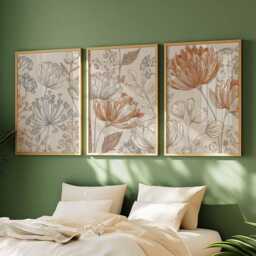 Botanical Line Art Print Set, Beige & Terracotta Floral Posters - thumbnail 4