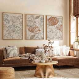 Botanical Line Art Print Set, Beige & Terracotta Floral Posters - thumbnail 3