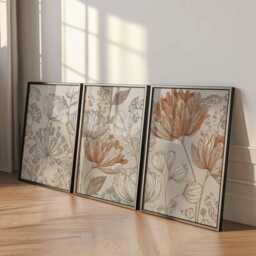 Botanical Line Art Print Set, Beige & Terracotta Floral Posters - thumbnail 2