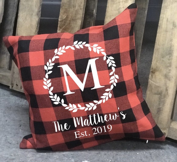Personalized Throw Pillow/Monogram Last Name Buffalo Plaid Decorative Home Decor - image 1